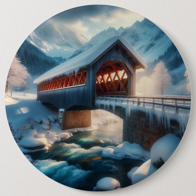 Winter, schneebedeckte Brücke und Fluss Button (Vorderseite)