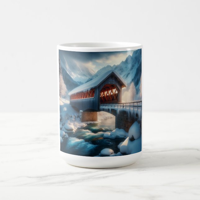 Winter, schneebedeckte Brücke und Fluss Kaffeetasse (Mittel)