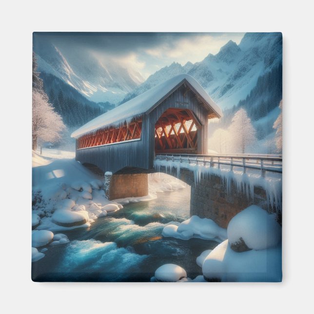 Winter, schneebedeckte Brücke und Fluss Magnet (Vorne)