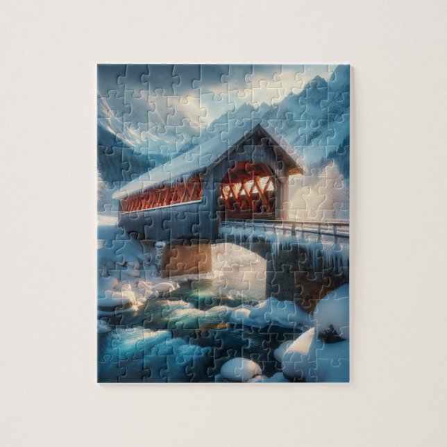 Winter, schneebedeckte Brücke und Fluss Puzzle (Vertikal)