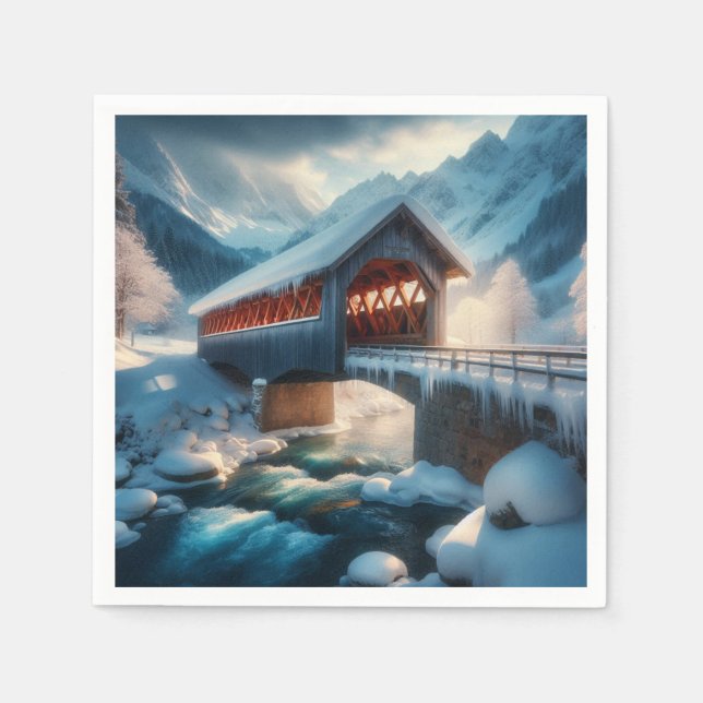 Winter, schneebedeckte Brücke und Fluss Serviette (Vorderseite)