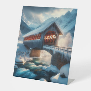 Winter, schneebedeckte Brücke und Fluss Sockelschild