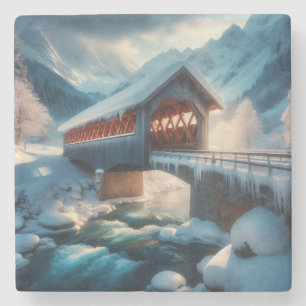 Winter, schneebedeckte Brücke und Fluss Steinuntersetzer