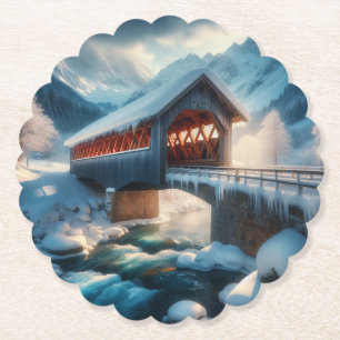 Winter, schneebedeckte Brücke und Fluss Untersetzer