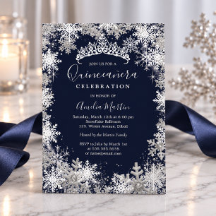 Winter-Schneeflocke-Silber-Navy-Quinceanera Folieneinladung