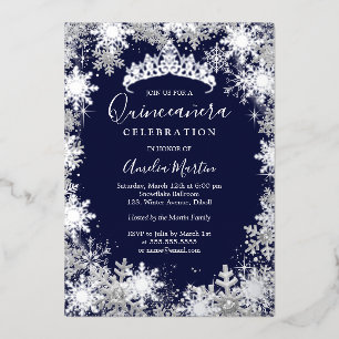 Winter-Schneeflocke-Silber-Navy-Quinceanera Folieneinladung