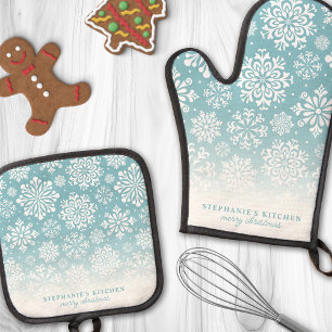 Winter-Schneeflocken auf blauem, süßem Ombre-Weihn Ofenhandschuh & Topflappen-Set