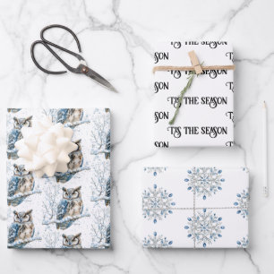 Winter-Schneeflocken Blaue Eule Weihnachten Schnee Geschenkpapier Set