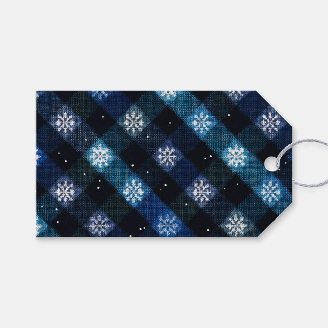 Winter-Schneeflocken Blaue Karo Feiertage  Geschenkanhänger (Vorderseite (Horizontal))