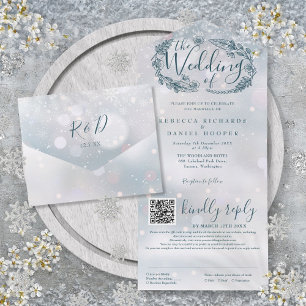 Winter-Schneeflocken Boho-Blumenhochzeit QR-Code All In One Einladung