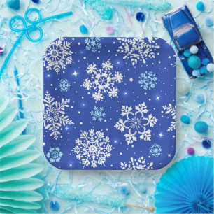 Winter-Schneeflocken in Blau Pappteller