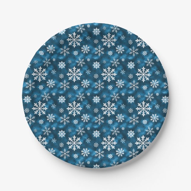 Winter-Schneeflockenmuster auf kühlem blauem Hinte Pappteller (Vorderseite)