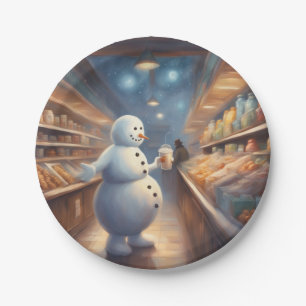 Winter Schneemann einkaufen mit Kaffee Geburtstags Pappteller