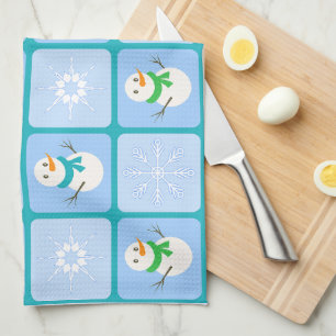 Winter Schneemann und Schneeflocken Geschirrtuch