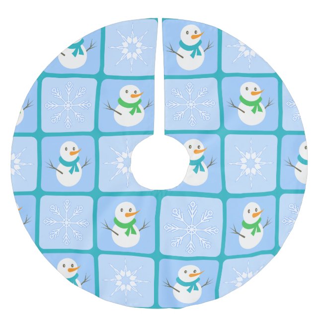 Winter Schneemann und Schneeflocken Polyester Weihnachtsbaumdecke (Vorderseite)