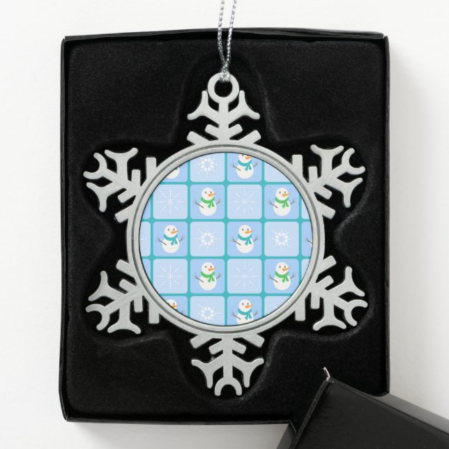 Winter Schneemann und Schneeflocken Zinn-Ornament (Box)