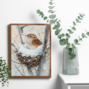 Winter-Schneevogel im Nest-Baum-Aquarell Poster