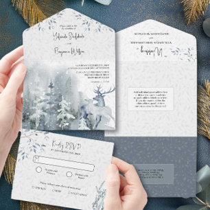 Winter-Schneewald und Hirsch-Aquarell-Hochzeit All In One Einladung