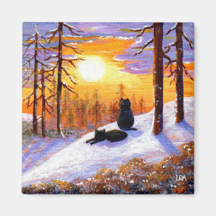 Winter-Schwarze Katzen Schnee-Wald Creationarts Magnet