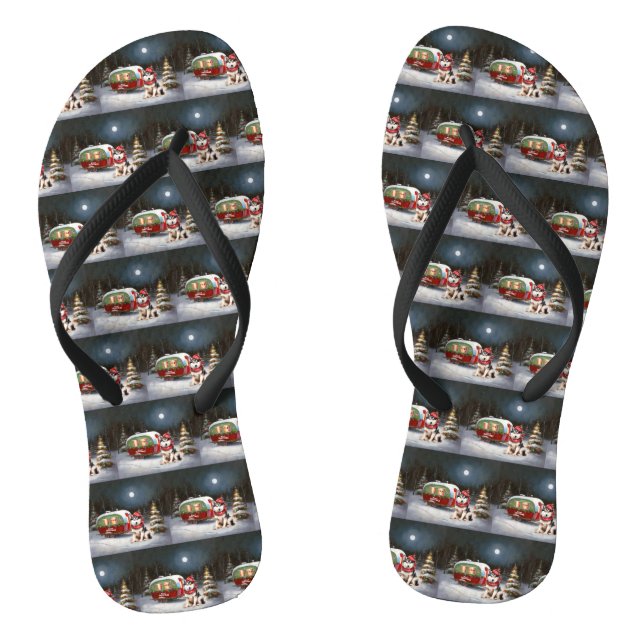 Winter Siberian Husky Caravan Weihnachtsabenteuer Flip Flops (Fußbett)