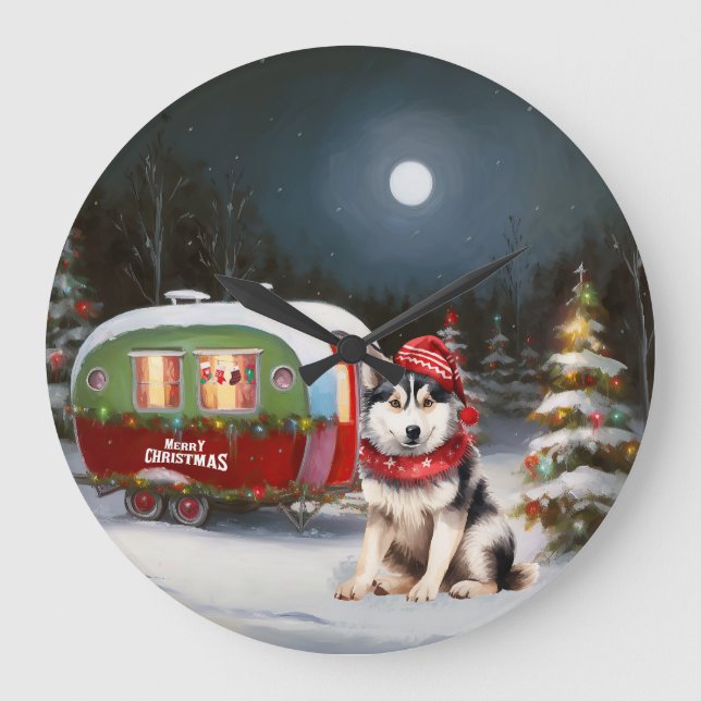 Winter Siberian Husky Caravan Weihnachtsabenteuer Große Wanduhr (Vorderseite)
