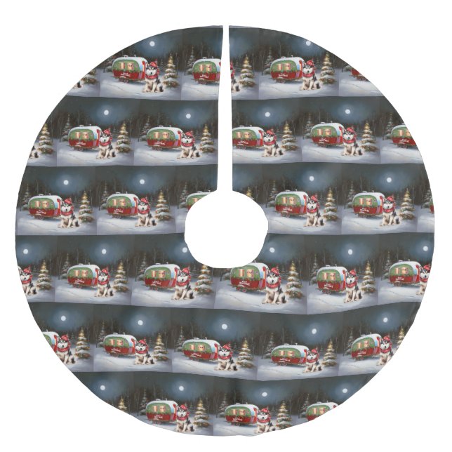Winter Siberian Husky Caravan Weihnachtsabenteuer Polyester Weihnachtsbaumdecke (Vorderseite)