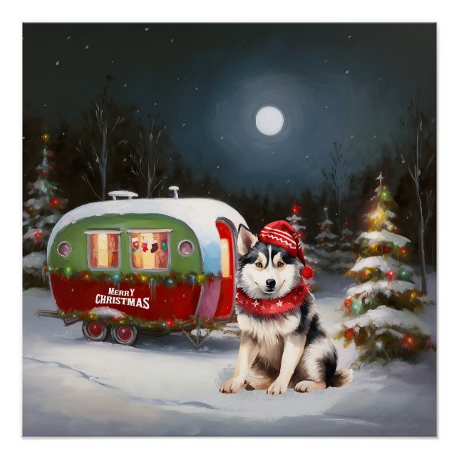 Winter Siberian Husky Caravan Weihnachtsabenteuer Poster (Vorderseite)
