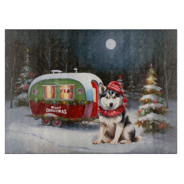 Winter Siberian Husky Caravan Weihnachtsabenteuer Schneidebrett (Vorderseite)