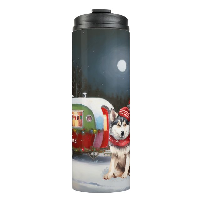 Winter Siberian Husky Caravan Weihnachtsabenteuer Thermosbecher (Vorderseite)
