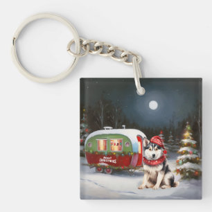 Winter-Sibirischer-Husky-Wagenkarawane-Weihnachtsa Schlüsselanhänger