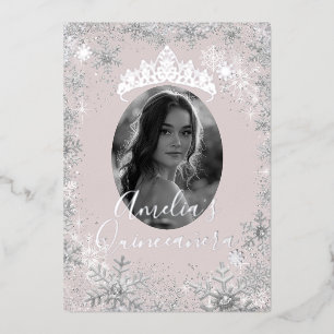 Winter Silber Beige Snowflake Foto Quinceanera Folieneinladung