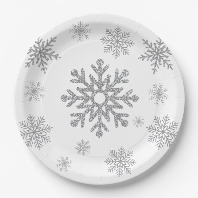 Winter Silber-Schneeflocken-Papierteller Pappteller (Vorderseite)