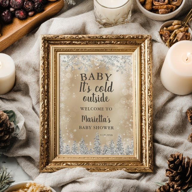 Winter silberner Schneekiefern goldener Willkommen Poster (Winter silver snow pine gold welcome baby shower poster)