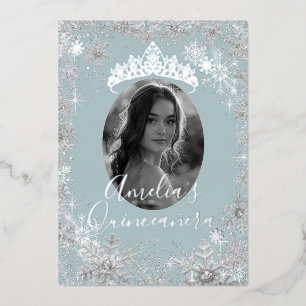 Winter Silver Blue Snowflake Foto Quinceanera Folieneinladung