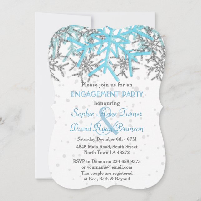 Winter Silver Blue Snowflakes Engagement Party Einladung (Vorderseite)