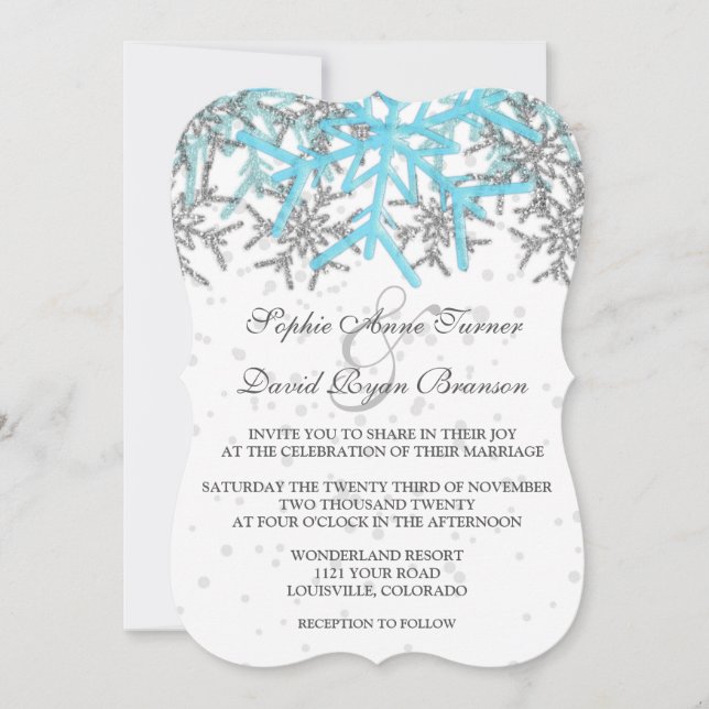 Winter Silver Blue Snowflakes Hochzeit Einladung (Vorderseite)