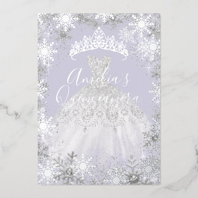 Winter Silver Lila Snowflake Quinceanera Folieneinladung (Vorderseite)