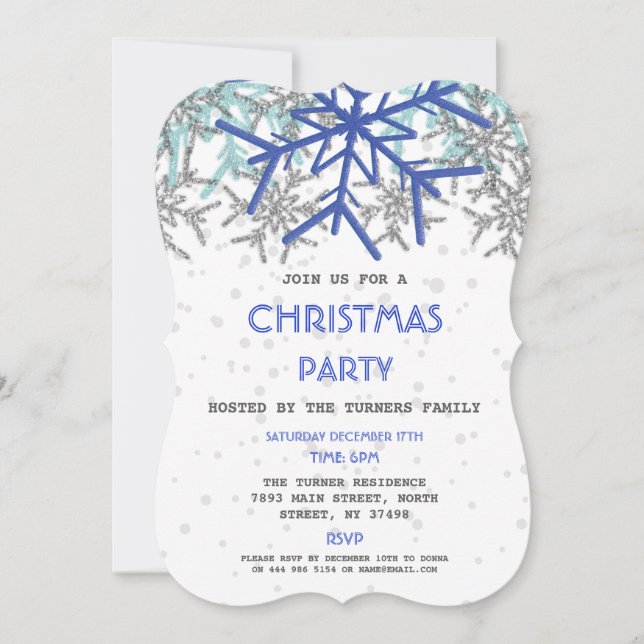 Winter Silver Navy Blue Snowflake CHRISTMAS Party Einladung (Vorderseite)