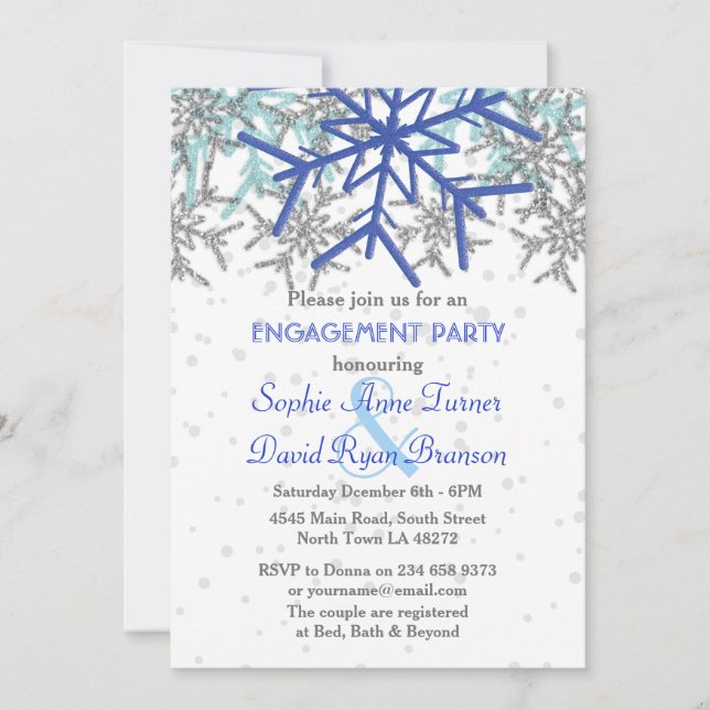 Winter Silver Navy Blue Snowflake Engagement Party Einladung (Vorderseite)