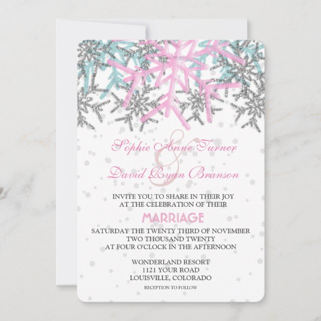Winter Silver Pink Blue Snowflakes Hochzeit Einladung (Vorderseite)