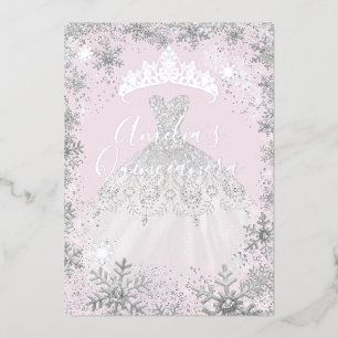 Winter Silver Snowflake Soft Pink Quinceanera Folieneinladung