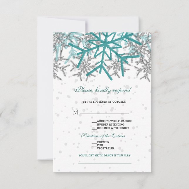 Winter Silver Turquoise Schneeflocken Hochzeit RSVP Karte (Vorderseite)