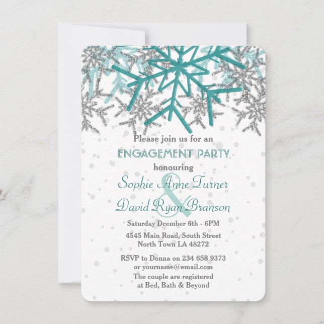 Winter Silver Turquoise Snowflake Engagement Party Einladung (Vorderseite)
