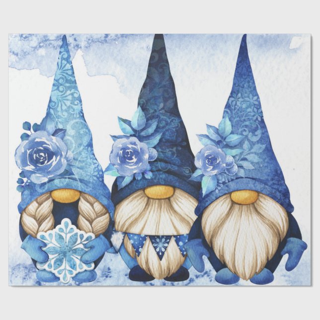 Winter Skandinavische Gnome mit Blauer Peony Geschenkpapier (Flach)