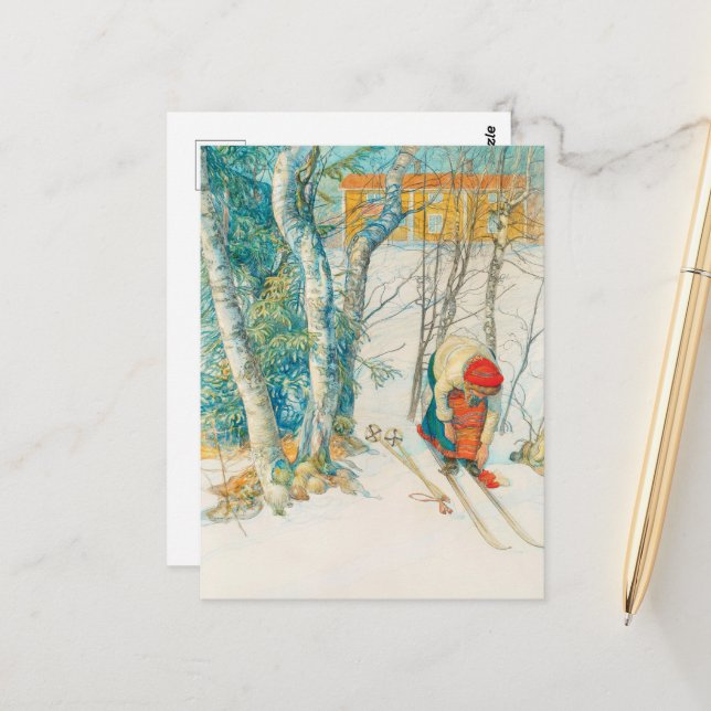 Winter Ski von Carl Larsson Postkarte (Vorderseite/Rückseite Beispiel)