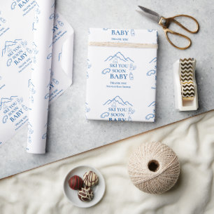 Winter Ski You Soon Blue Boy Baby Shower Geschenkpapier