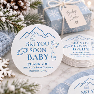 Winter Ski You Soon Blue Boy Baby Shower Runder Aufkleber