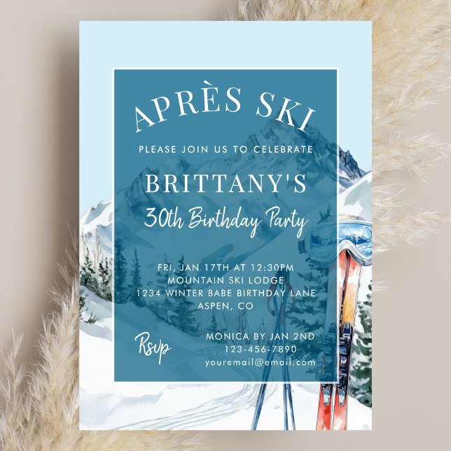 Winter Skiing Watercolor Apres Ski Birthday Party Einladung (Von Creator hochgeladen)
