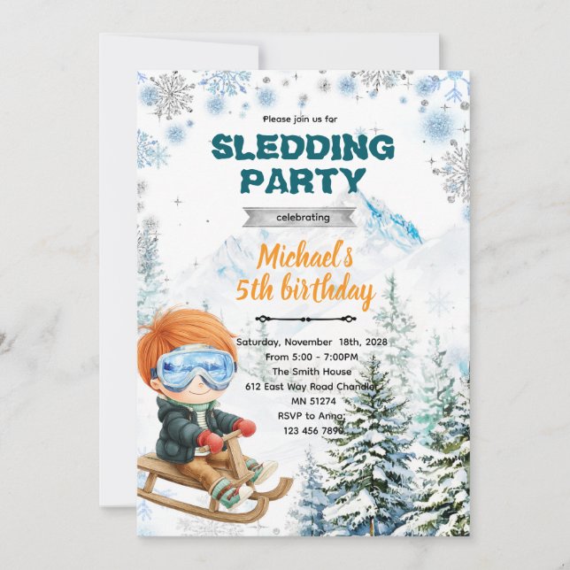 Winter Sledding party theme invitation Einladung (Vorderseite)
