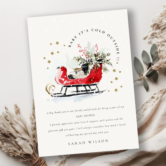 Winter Sleigh Its Cold Outside Neutral Baby Shower Dankeskarte (Von Creator hochgeladen)
